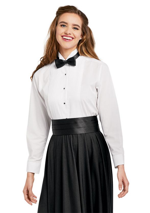 Ladies Wing Collar Tuxedo Shirt in White Paired with Satin Formal Accessories and Trumpet Skirt