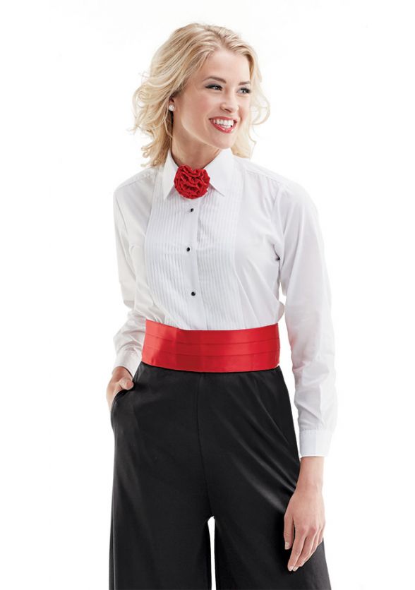 Ladies Regular Collar Tuxedo Shirt in White Pictured with Palazzo Pants and Ladies Satin Accessories