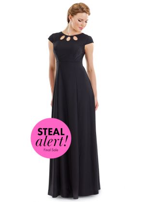 Triple Keyhole Jacquelyn Dress in Black Crepe with Cap Sleeves - clearance